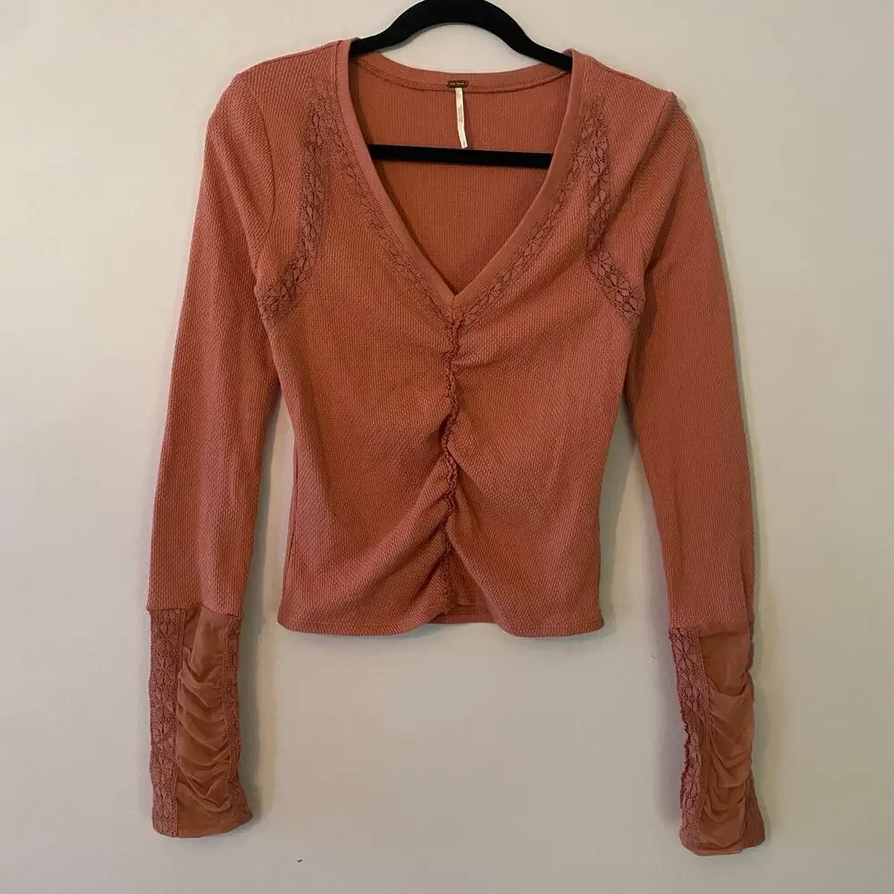 Free People Dusty Pink Romantic Lace V-neck Long Sleeve Top Rouched Women Small